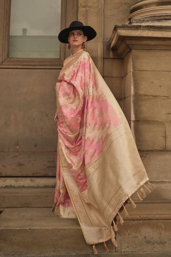 Pink Ranghat Satin Woven Work Saree With Blouse