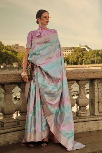 Multicolor Ranghat Satin Woven Work Saree With Blouse
