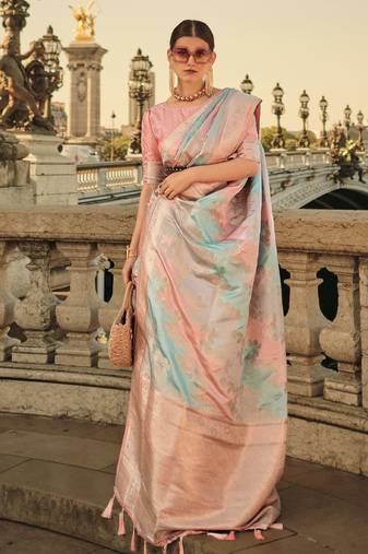 Multicolor Ranghat Satin Woven Work Saree With Blouse