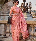 Peach Organza Handloom Woven Work Saree With Blouse