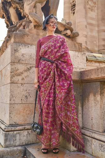 Magenta Organza Handloom Woven Work Saree With Blouse