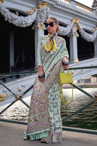 Turqouise Organza Handloom Woven Work Saree With Blouse
