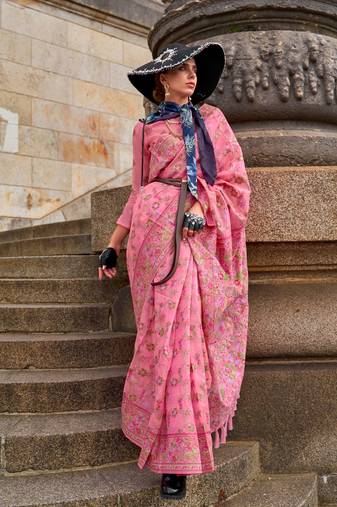 Pink Organza Handloom Woven Work Saree With Blouse