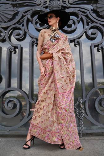 Cream Organza Handloom Woven Work Saree With Blouse