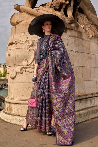 Navy Blue Organza Handloom Woven Work Saree With Blouse