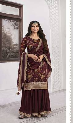 Maroon digital print silk embroidery semi stitched suits 1