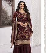 Maroon digital print silk embroidery semi stitched suits