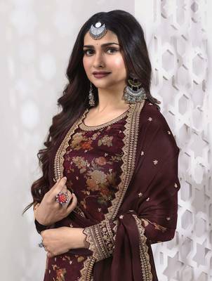Maroon digital print silk embroidery semi stitched suits 2
