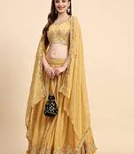 Yellow Sequine Embroidered Faux Georgette Fabric flared Lehenga Choli with Dupatta.