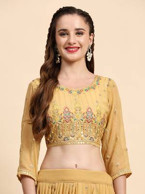 Yellow Sequine Embroidered Faux Georgette Fabric flared Lehenga Choli with Dupatta. 4