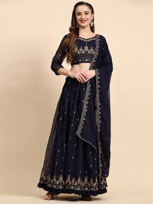 Blue Sequine Embroidered Faux Georgette Fabric flared Lehenga Choli with Dupatta. 2