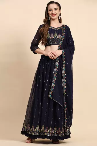 Blue Sequine Embroidered Faux Georgette Fabric flared Lehenga Choli with Dupatta.