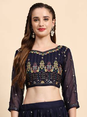Blue Sequine Embroidered Faux Georgette Fabric flared Lehenga Choli with Dupatta. 3