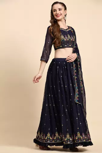 Blue Sequine Embroidered Faux Georgette Fabric flared Lehenga Choli with Dupatta.