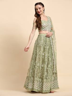 PistaGreen Sequine Embroidered work Net Fabric Bollywood Lehenga Choli with Dupatta. 5