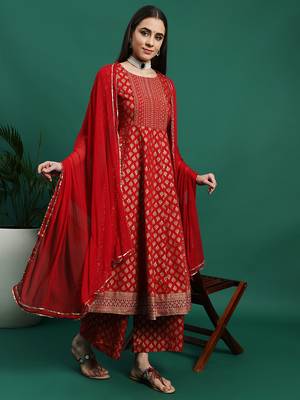Women maroon color embroidery embellished a-line kurta palazzo with dupatta set 1