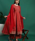 Women maroon color embroidery embellished a-line kurta palazzo with dupatta set
