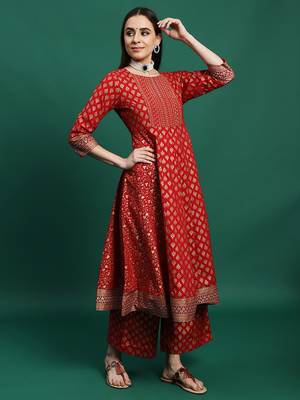 Women maroon color embroidery embellished a-line kurta palazzo with dupatta set 2