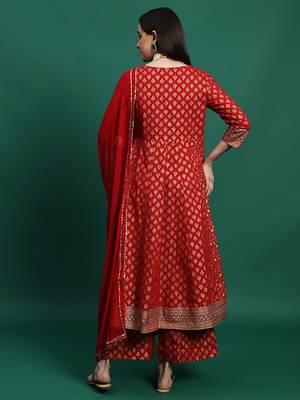 Women maroon color embroidery embellished a-line kurta palazzo with dupatta set 3