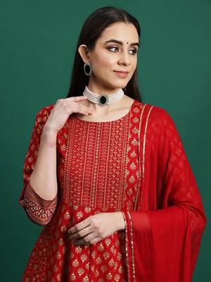 Women maroon color embroidery embellished a-line kurta palazzo with dupatta set 4