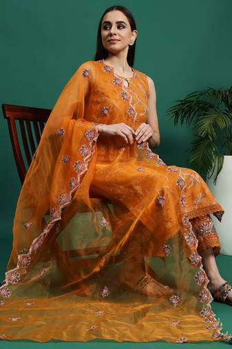Women mustard color embroidery embellished cut sleeve kurta pant with dupatta set