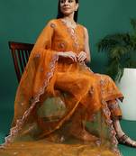 Women mustard color embroidery embellished cut sleeve kurta pant with dupatta set