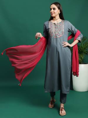 Women grey color embroidery embellished kurta pant with dupatta set 1