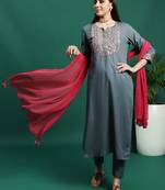 Women grey color embroidery embellished kurta pant with dupatta set