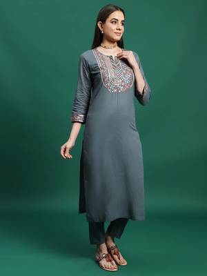Women grey color embroidery embellished kurta pant with dupatta set 2