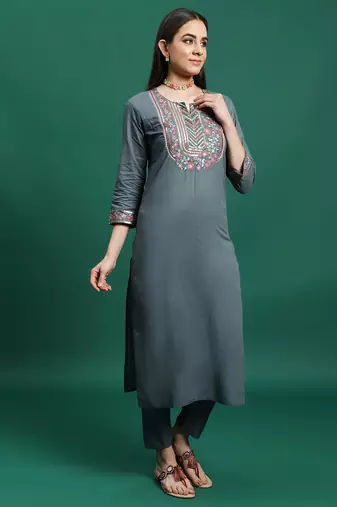 Women grey color embroidery embellished kurta pant with dupatta set