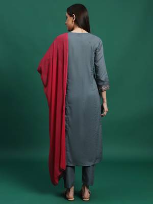 Women grey color embroidery embellished kurta pant with dupatta set 3