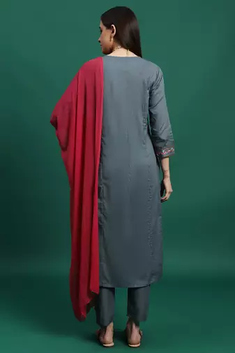 Women grey color embroidery embellished kurta pant with dupatta set