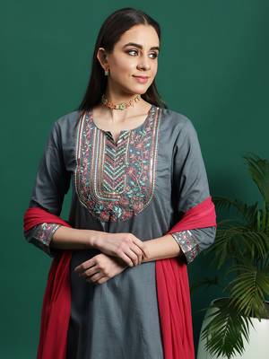 Women grey color embroidery embellished kurta pant with dupatta set 4