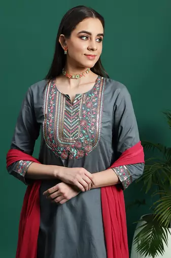 Women grey color embroidery embellished kurta pant with dupatta set
