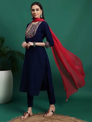 Women blue color embroidery embellished kurta pant with dupatta set 1