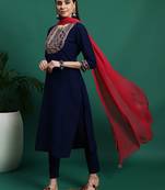 Women blue color embroidery embellished kurta pant with dupatta set