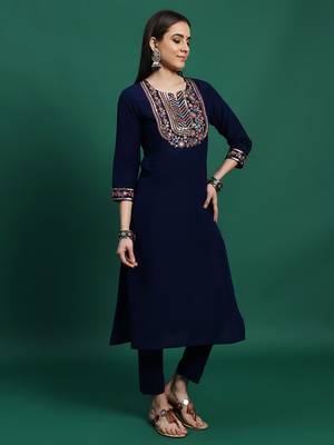 Women blue color embroidery embellished kurta pant with dupatta set 2