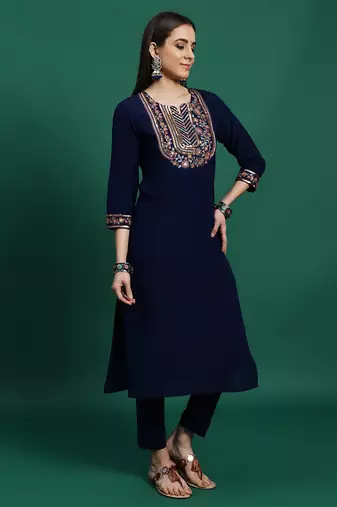 Women blue color embroidery embellished kurta pant with dupatta set