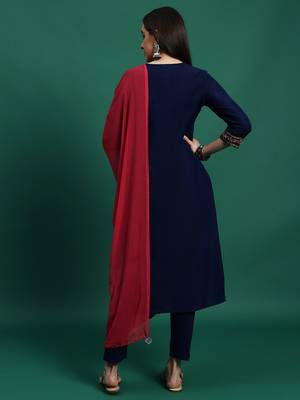 Women blue color embroidery embellished kurta pant with dupatta set 3