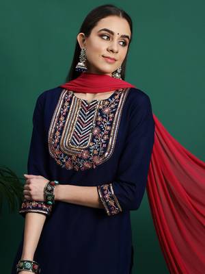 Women blue color embroidery embellished kurta pant with dupatta set 4