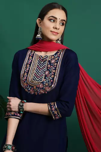 Women blue color embroidery embellished kurta pant with dupatta set