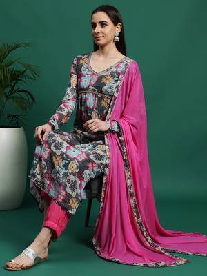 Women grey color embroidery embellished kurta pant with dupatta set 1