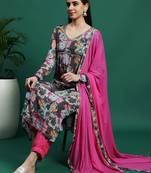 Women grey color embroidery embellished kurta pant with dupatta set