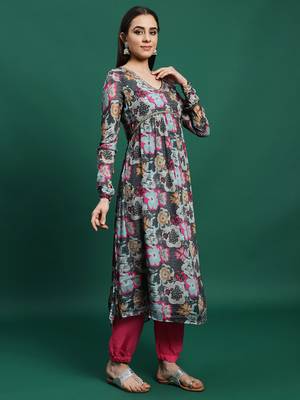 Women grey color embroidery embellished kurta pant with dupatta set 2