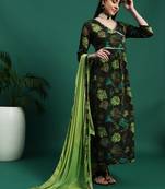 Women green color embroidery embellished anarkali kurta pant with dupatta set
