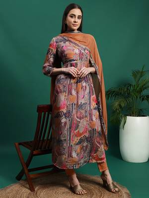 Women rust color embroidery embellished anarkali kurta pant with dupatta set 1