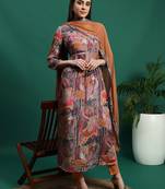 Women rust color embroidery embellished anarkali kurta pant with dupatta set