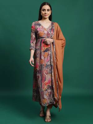 Women rust color embroidery embellished anarkali kurta pant with dupatta set 2