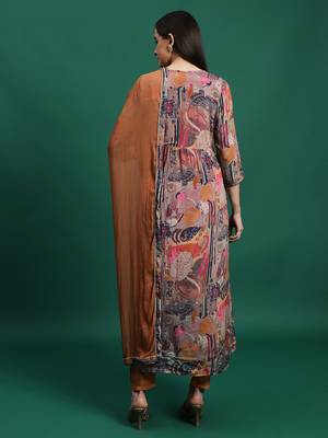 Women rust color embroidery embellished anarkali kurta pant with dupatta set 3