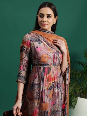 Women rust color embroidery embellished anarkali kurta pant with dupatta set 4
